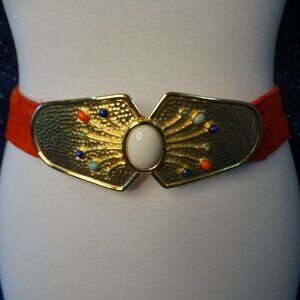Vintage Accessocraft N.Y.C. Red Belt Gold Tone Plastic Cabochons Buckle S